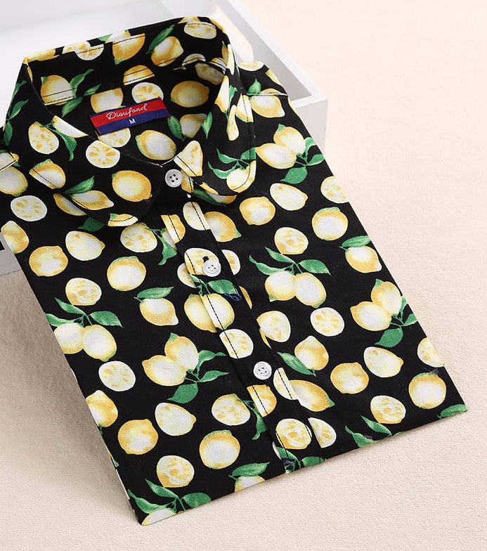 Online discount shop Australia - Lemon Floral Print Blouse Women Shirt Long Sleeve Cotton Blouse Turn Down Collar Women Tops And Blouses Fashion