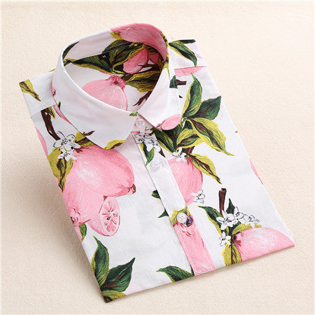 Online discount shop Australia - Lemon Floral Print Blouse Women Shirt Long Sleeve Cotton Blouse Turn Down Collar Women Tops And Blouses Fashion