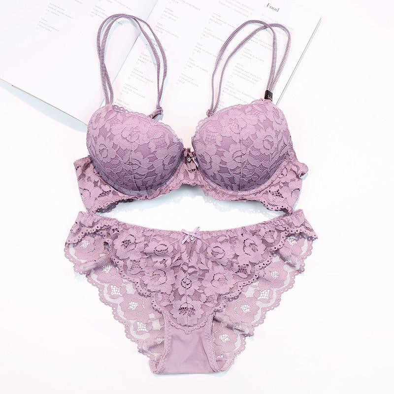 lace embroidery flowers thin thick double shoulder strap bra set deep V-neck thickening women's push up underwear