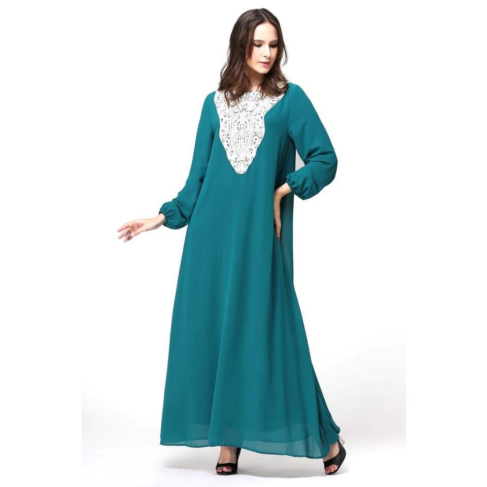 WJ Kaftan Jilbab Islamic Muslim Abaya Women Chiffon Maxi Long Sleeve Dress