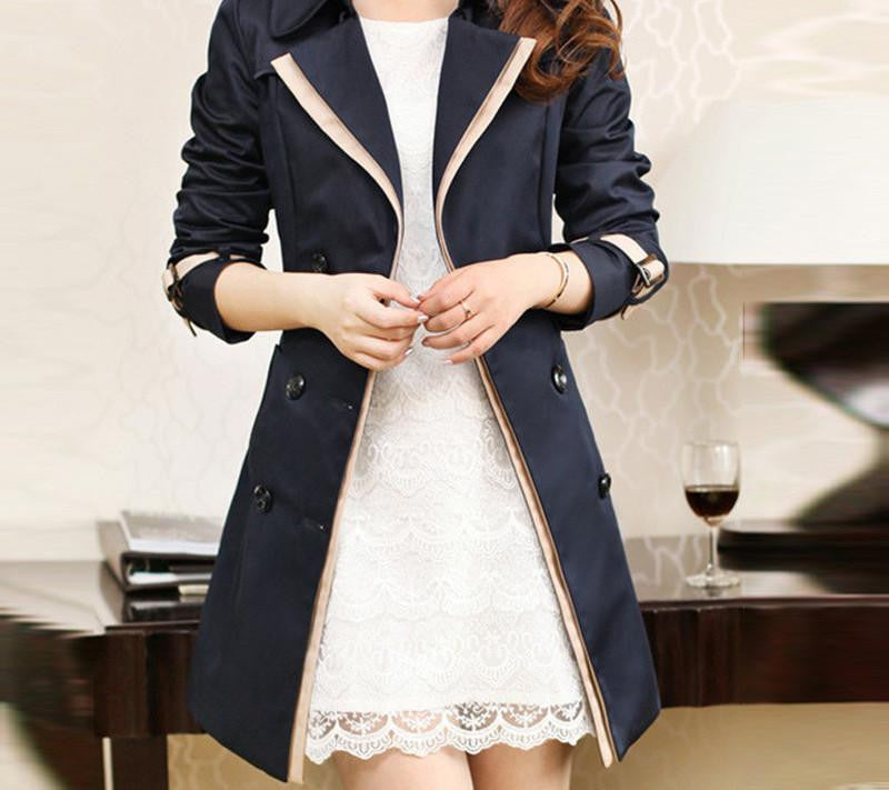 Trench Coat For Women Fashion Turn-down Collar Double Breasted Contrast Color Long Coats Plus Size Casaco