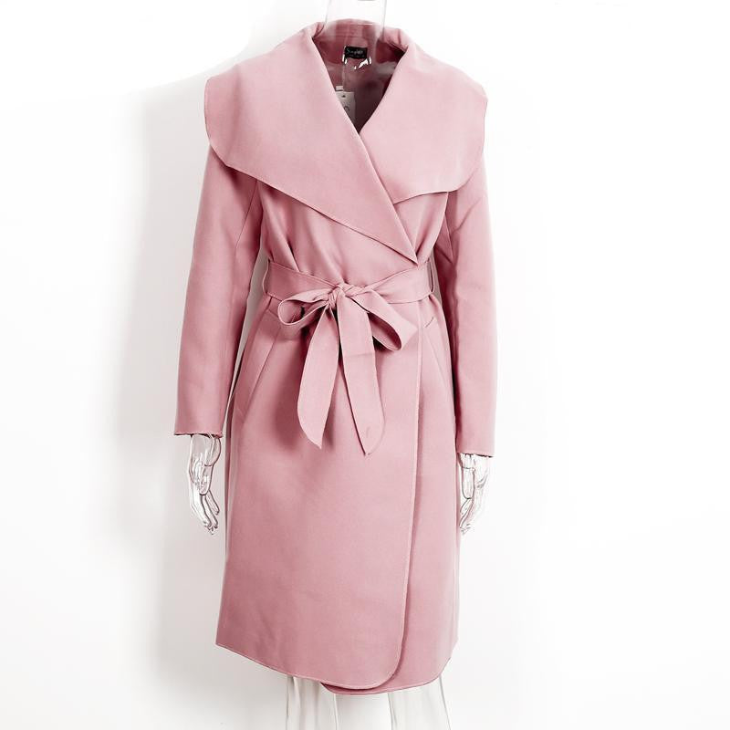 Simplee Black ruffle warm coat Women turndown long coat collar overcoat female Casual pink outerwear