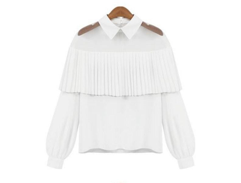 White Blouse Shirt Women Chiffon Blouse Pleated Tops Long Sleeve Blouse Sheer Gauze