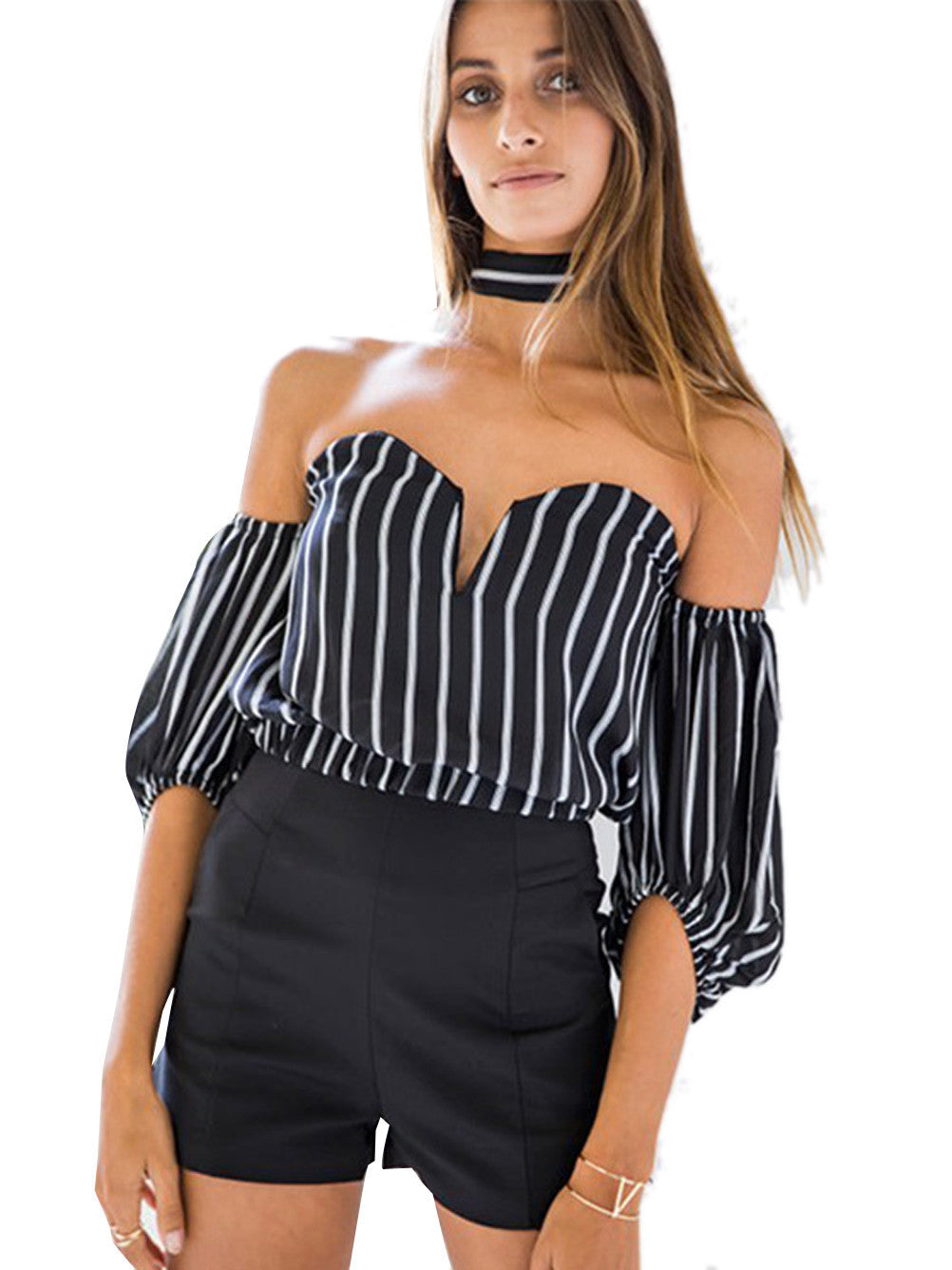 Online discount shop Australia - Black Striped Elegant Halter Bow Chiffon Blouse Shirt Sexy Off Shoulder Girls  Women Cool Crop Tops Casual