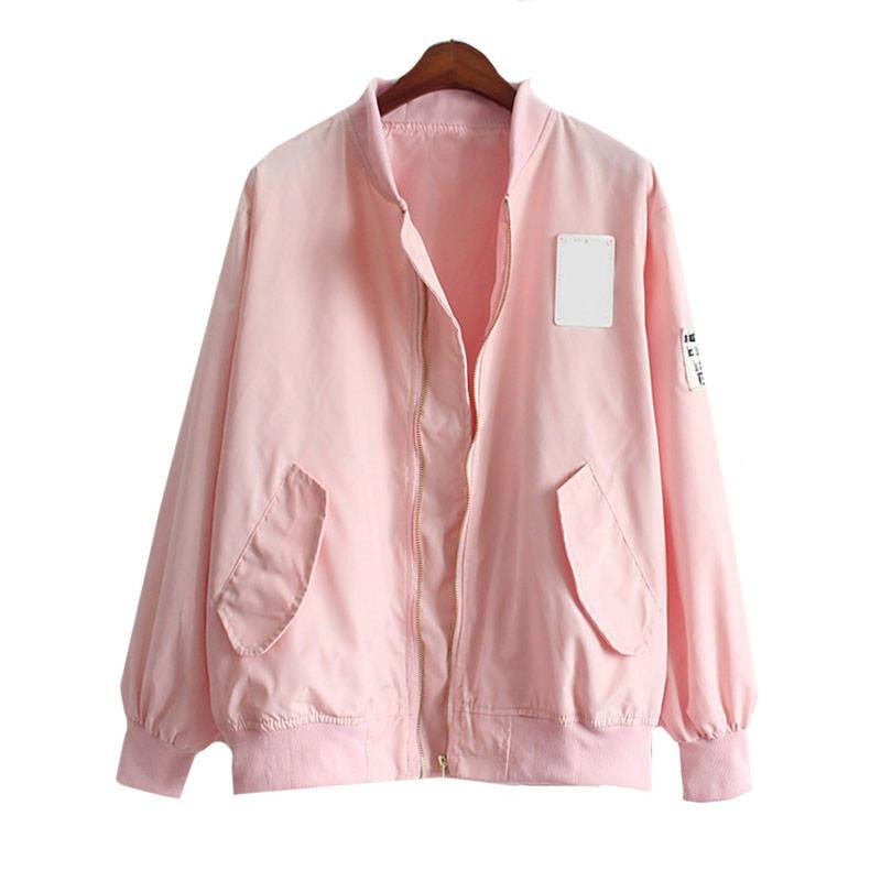 Online discount shop Australia - Dotfashion New Arrival Women Tops Long Sleeve Pink Contrast Stand Collar With Pockets Zipper Bomber Jacket