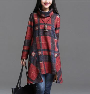 Winter Dress Plus Size Women Clothing Loose Casual Winter Dress Heap Turtleneck Irregular Plaid Thickening Cotton Dress Vestidos