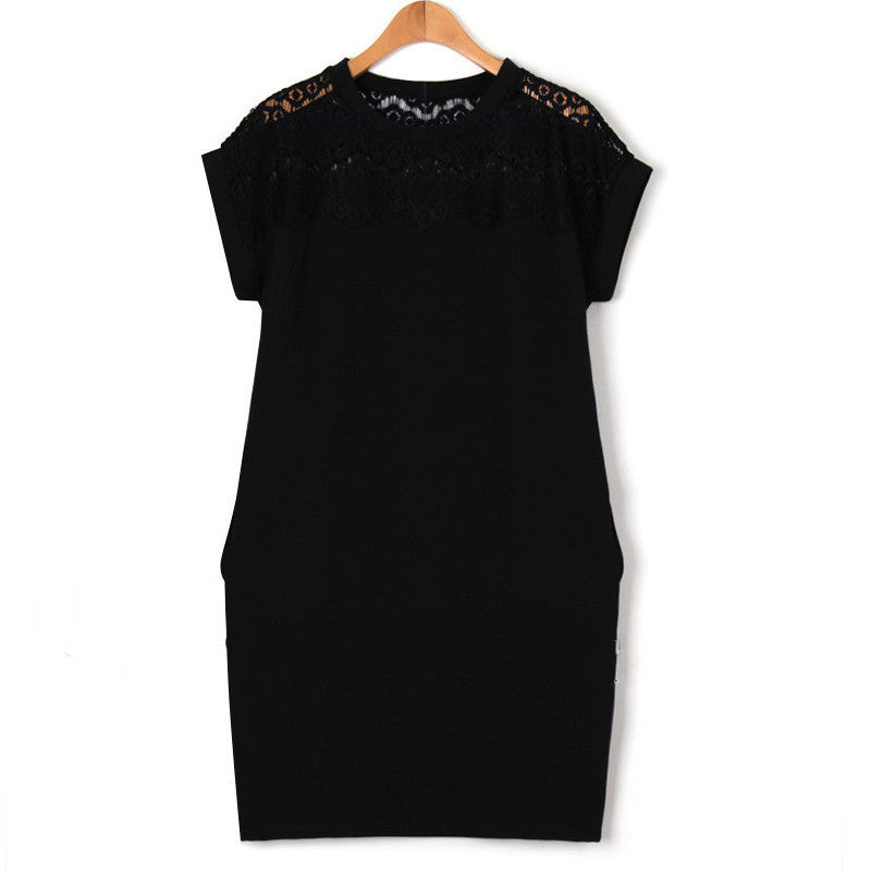Summer Women's Dress Ladies Short Sleeve Lace Hollow Out Black White Blue One-piece Dress Plus size XL-5XL Famale vestidos