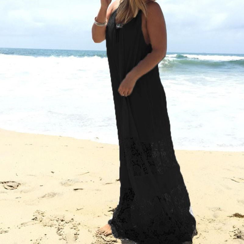 Women Long Maxi Dress Summer Lace Patchwork Vestidos Casual Loose Strapless Beachwear Plus Size XS-5XL