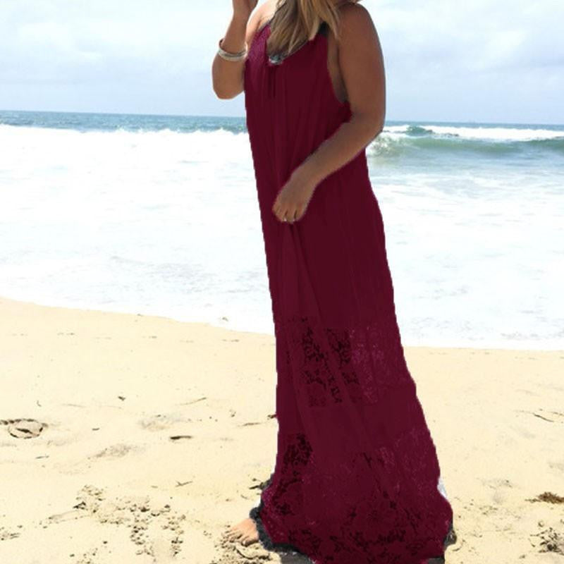 Women Long Maxi Dress Summer Lace Patchwork Vestidos Casual Loose Strapless Beachwear Plus Size XS-5XL