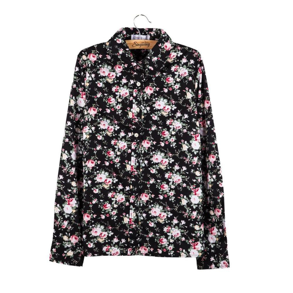 Online discount shop Australia - Fashion women work wear vintage floral print cotton blouse long sleeve elegant Shirts casual slim tops S-XL