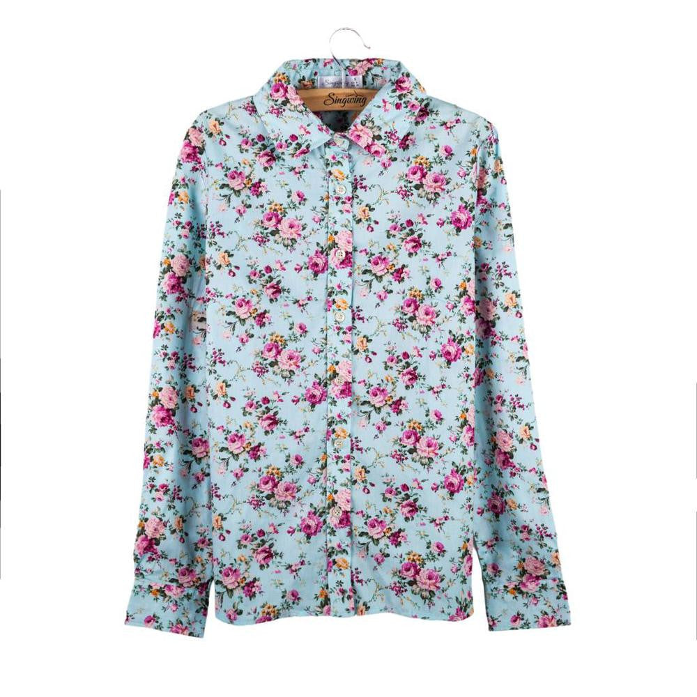 Online discount shop Australia - Fashion women work wear vintage floral print cotton blouse long sleeve elegant Shirts casual slim tops S-XL