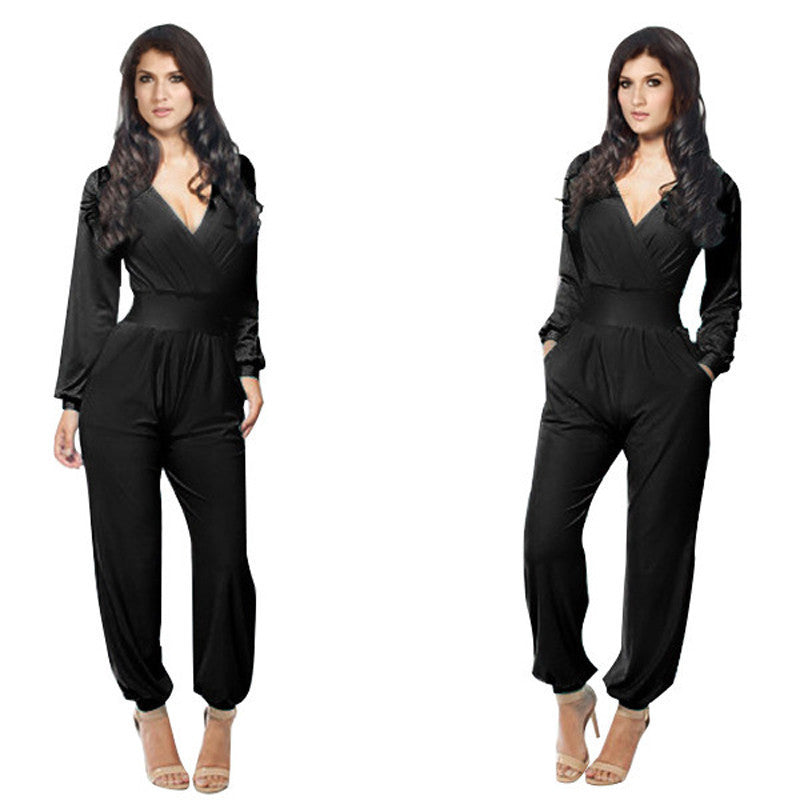 Online discount shop Australia - Elegant Rompers Women Jumpsuit Deep V-neck Bodysuit With Pockets Plus Size Overalls For Women Elegant Long Sleeve Jumpsuits