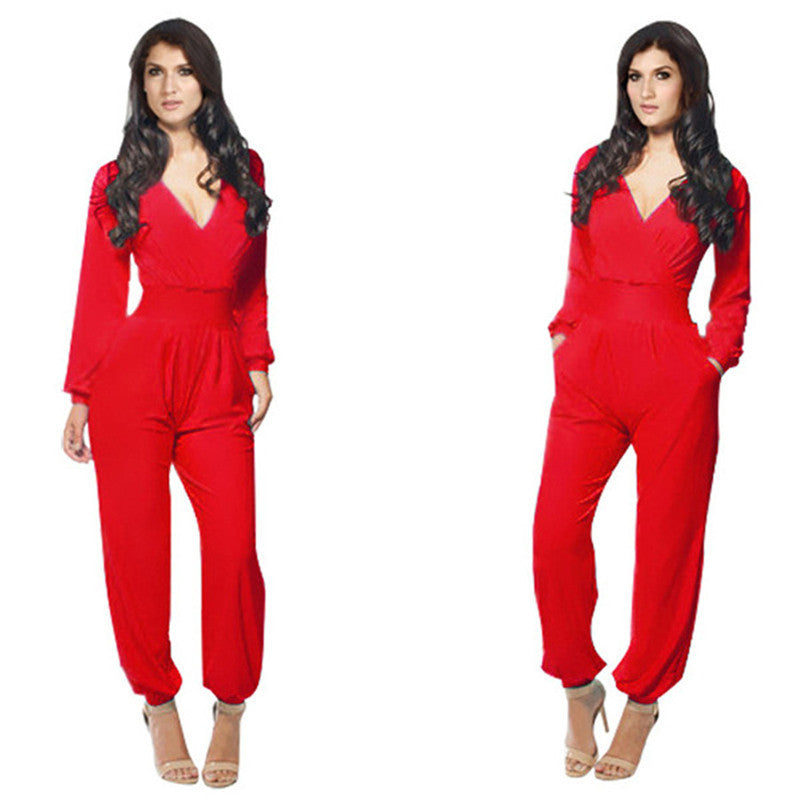 Online discount shop Australia - Elegant Rompers Women Jumpsuit Deep V-neck Bodysuit With Pockets Plus Size Overalls For Women Elegant Long Sleeve Jumpsuits