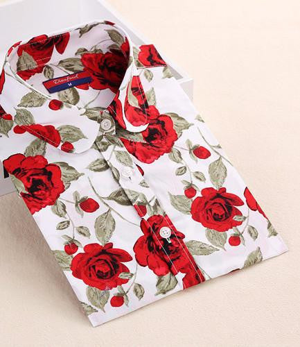Women Cherry Blouses Long Sleeve Shirt Turn Down Collar Floral Blouse Women And Blouses Fashion