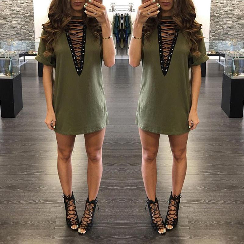 Women Deep V Neck Hollow Out Club Party Dresses Casual Short Loose T-Shirt Dress