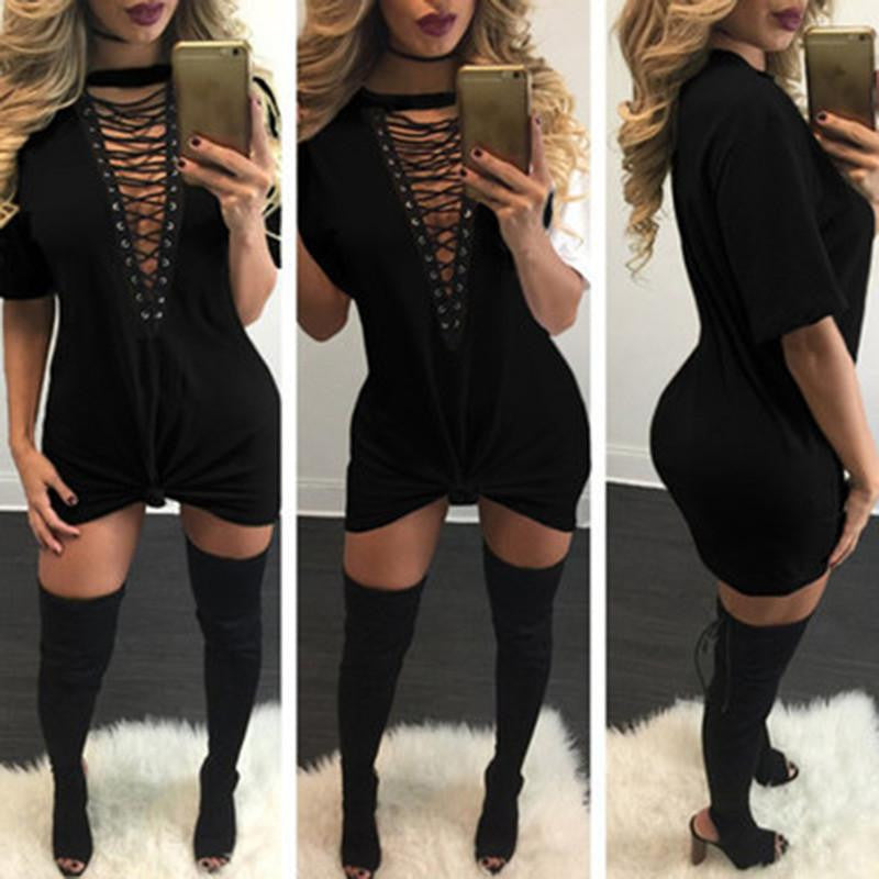 Women Deep V Neck Hollow Out Club Party Dresses Casual Short Loose T-Shirt Dress