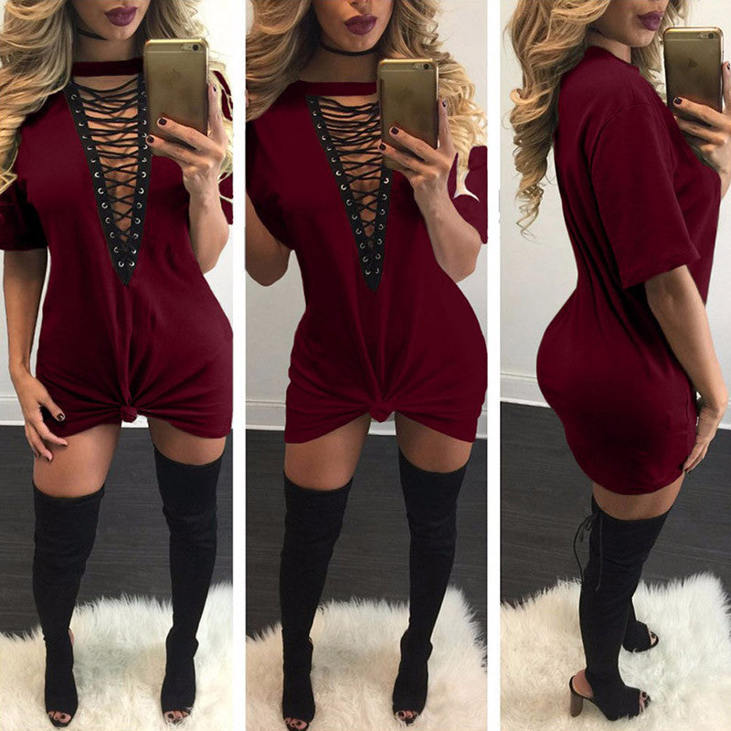 Women Deep V Neck Hollow Out Club Party Dresses Casual Short Loose T-Shirt Dress