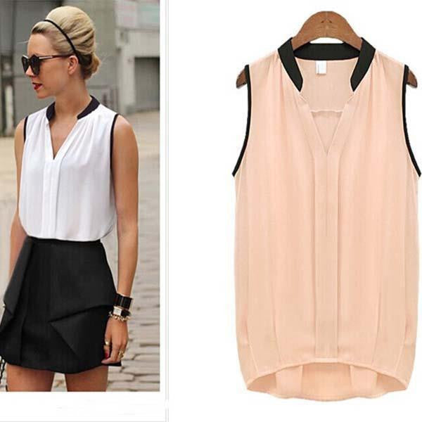 Women's White Color Sleeveless Shirt Plus Size Female Casual Chiffon Blouse J2520