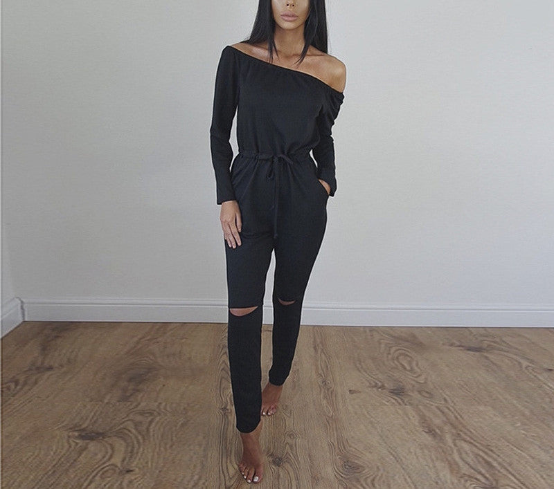 Off Shoulder Rompers Jumpsuit Women Long Sleeve Elegant Casual Party Black Pant Hollow Jumpsuit Overalls Women