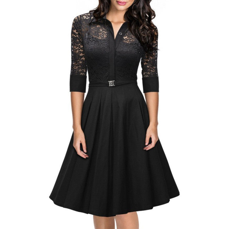 Online discount shop Australia - Fashion Women's Vintage 1950s Style 3/4 Sleeve Black Lace Flare A-line Dress New Nu