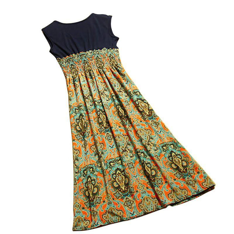 Women Casual Bohemian Dress Vintage Print Patchwork Long Summer Beach Dresses