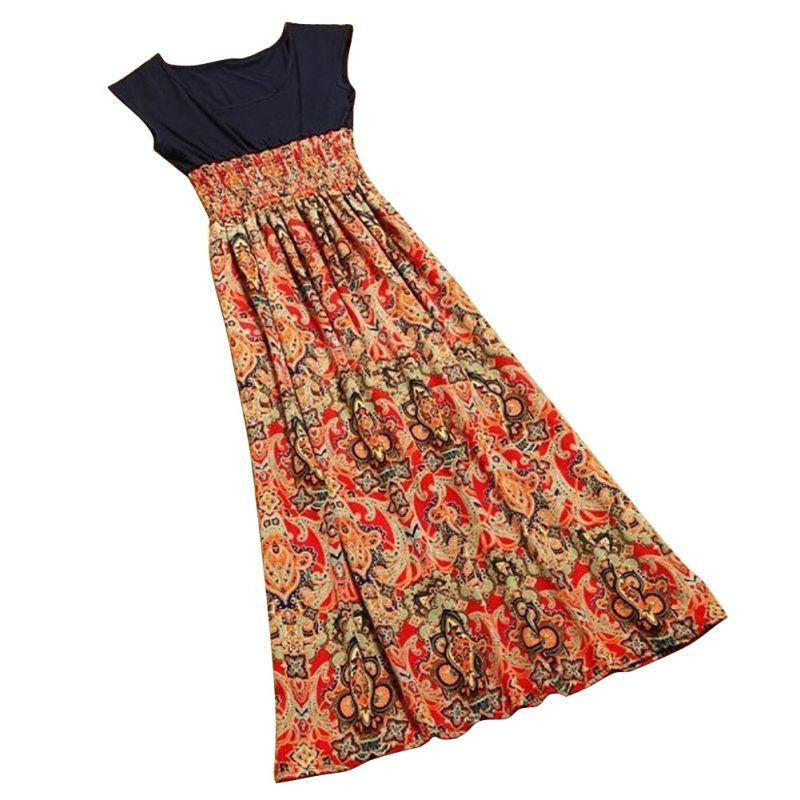 Women Casual Bohemian Dress Vintage Print Patchwork Long Summer Beach Dresses