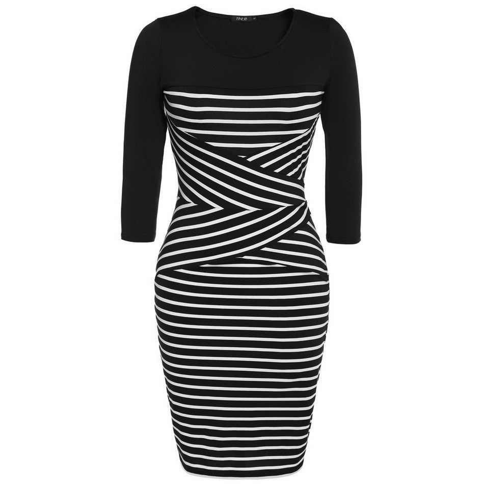 Online discount shop Australia - FINEJO Women Autumn Dress O-neck 3/4 Sleeve Sexy Casual Patchwork Striped Bodycon Pencil Dress S-XXL Women's Clothing Vestidos