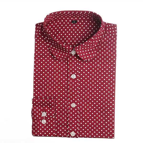 Red Polka Dot Shirts Women Cotton Blouses Long Sleeve Ladies Tops Collar Shirt Female Plus Size 5XL Clothing For Women