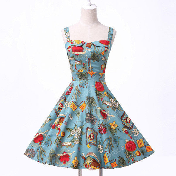Online discount shop Australia - Ladies Cotton Rockabilly Womens Summer style Dresses pin up Retro Vintage 50s Audrey Hepburn Swing print Casual clothing