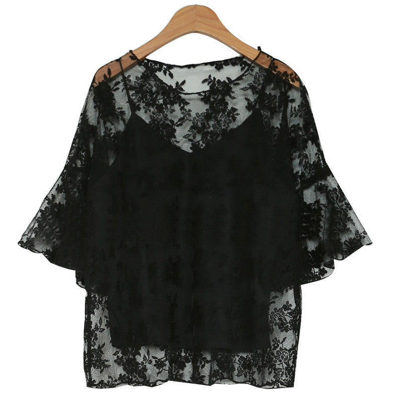 fashion Women O-Neck Tops wild small tape embroidered chiffon blouse Crochet lace Two-piece Trumpet sleeves