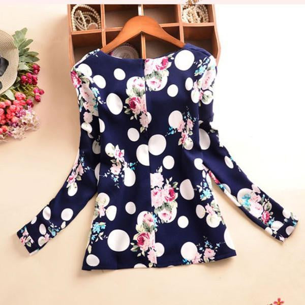 Vintage Women Chiffon Long Sleeve Polka Dot Floral Print Blouse Shirt Plus Size Casual Tops