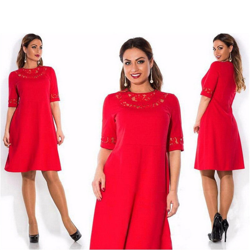 Online discount shop Australia - Lace Dress Half Sleeve Large Size Women Clothing Autumn Dress Women's O-Neck Knee-Length Dresses Plus Size