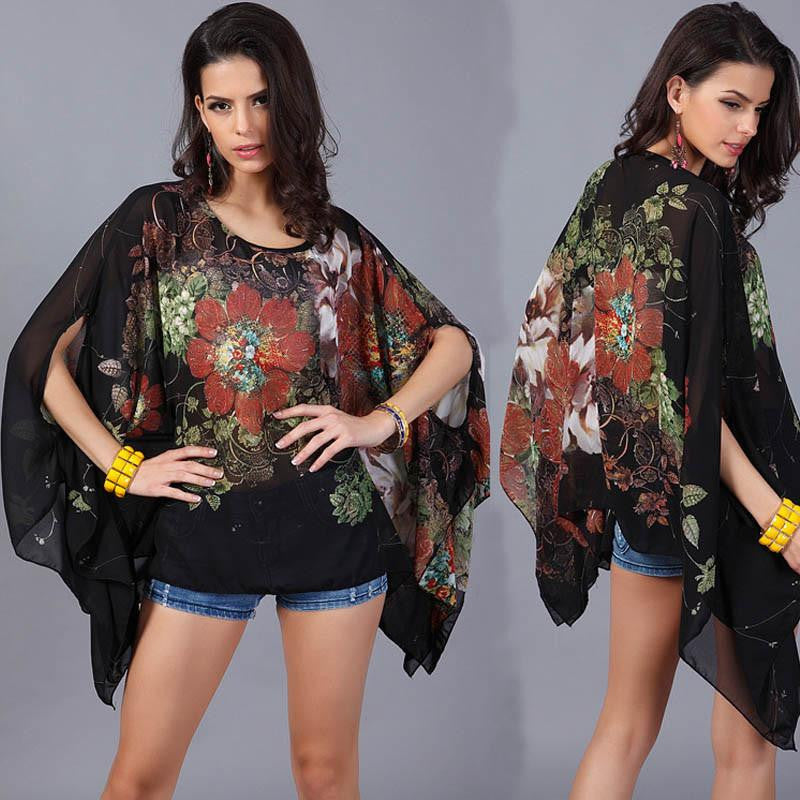 Online discount shop Australia - Korean Style Women Blouse Floral Print Batwing Chiffon Kimono Shirt Big Plus Size Ladies Swimsuit Cover Up Tunic Tops 40407