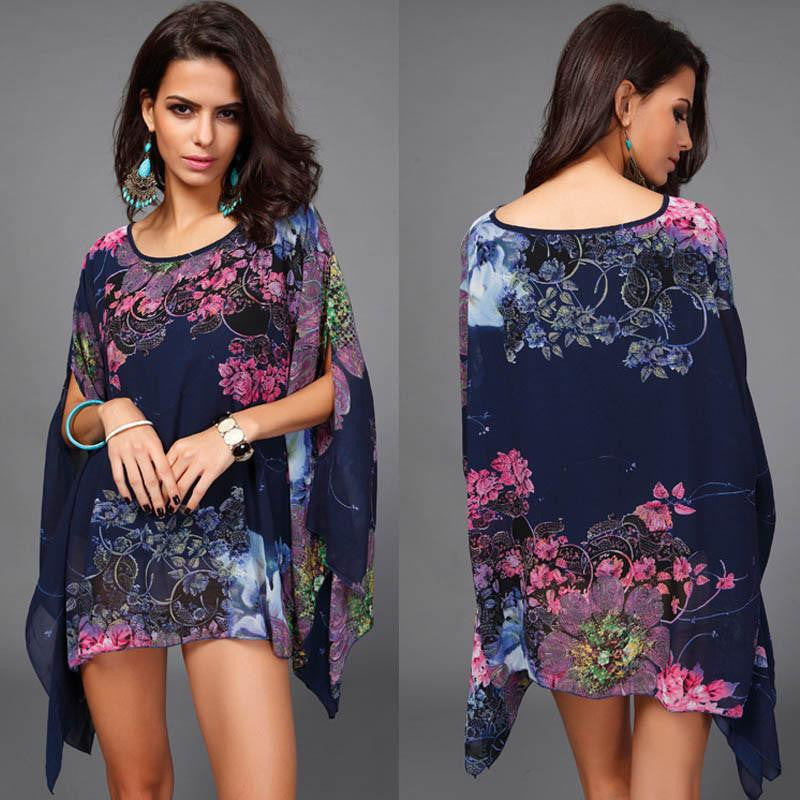 Online discount shop Australia - Korean Style Women Blouse Floral Print Batwing Chiffon Kimono Shirt Big Plus Size Ladies Swimsuit Cover Up Tunic Tops 40407