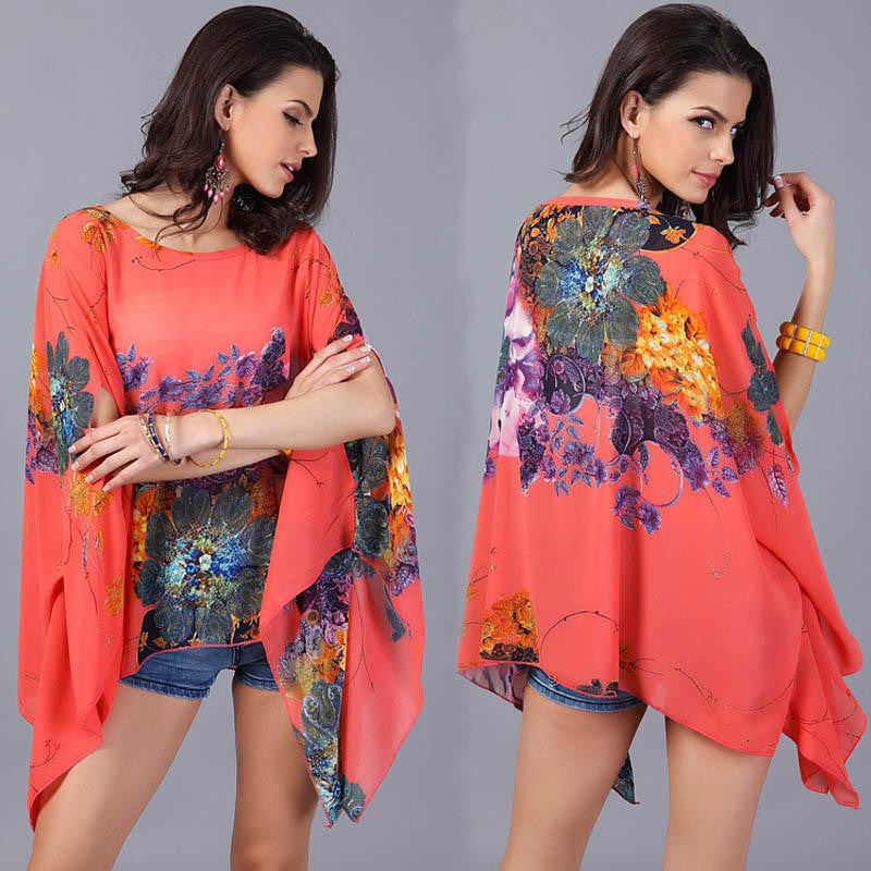 Online discount shop Australia - Korean Style Women Blouse Floral Print Batwing Chiffon Kimono Shirt Big Plus Size Ladies Swimsuit Cover Up Tunic Tops 40407