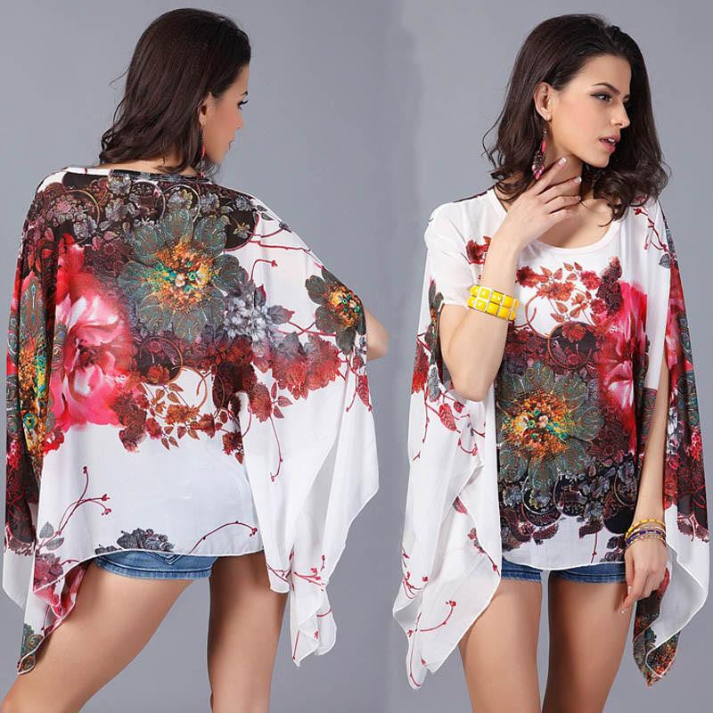 Online discount shop Australia - Korean Style Women Blouse Floral Print Batwing Chiffon Kimono Shirt Big Plus Size Ladies Swimsuit Cover Up Tunic Tops 40407