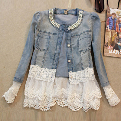 Online discount shop Australia - Jeans Jacket Women Slim Lace Patchwork Beading Denim Lady Elegant Vintage Jackets Coat WWJ084