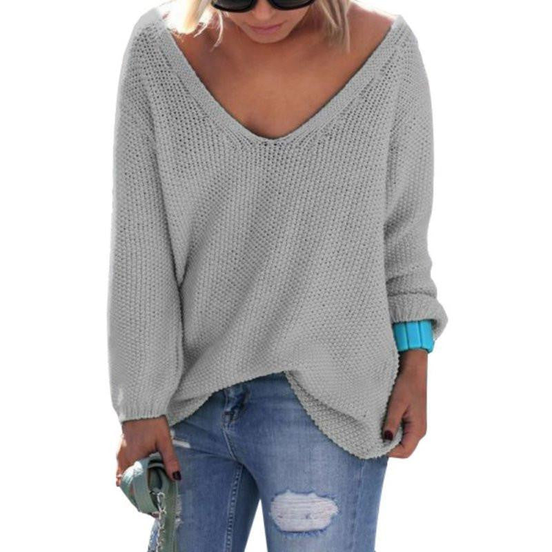 Womens Cute Elegant V Neck Loose Casual Knit Sweater Pullover Long Sleeve Sweater