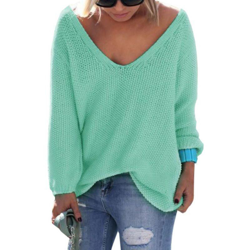 Womens Cute Elegant V Neck Loose Casual Knit Sweater Pullover Long Sleeve Sweater