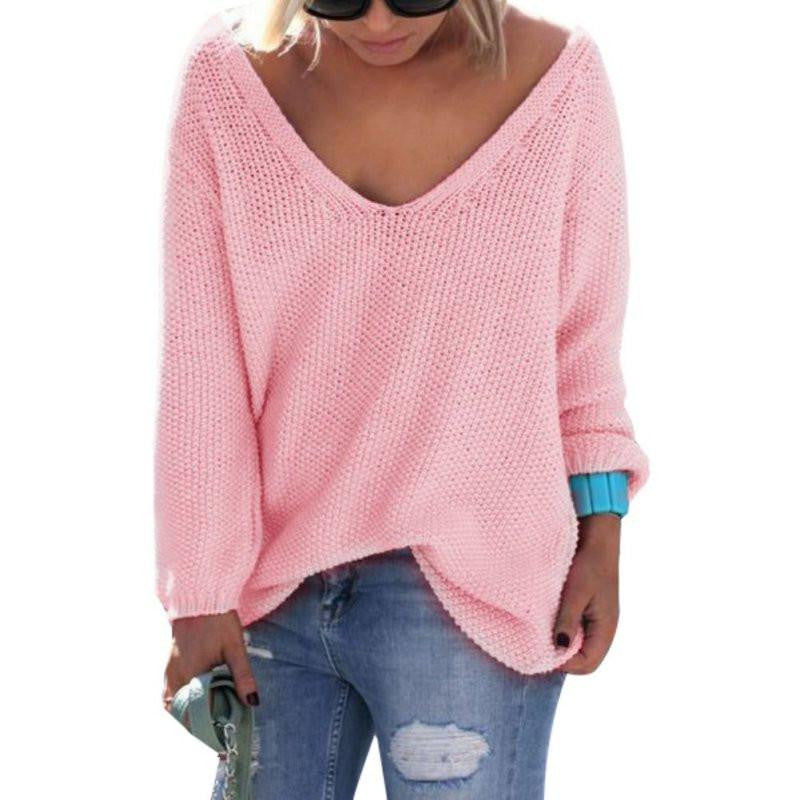 Womens Cute Elegant V Neck Loose Casual Knit Sweater Pullover Long Sleeve Sweater