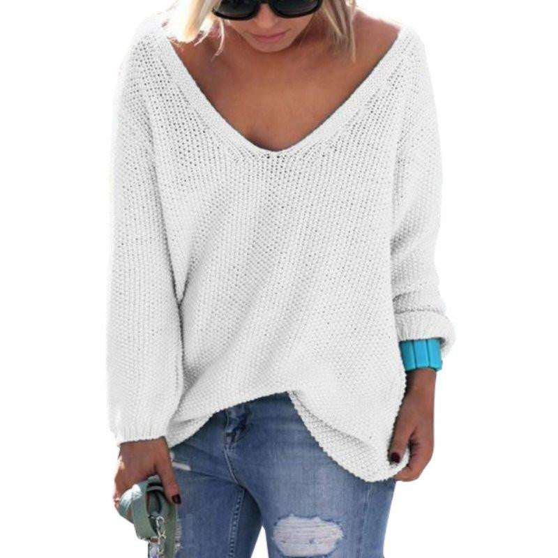 Womens Cute Elegant V Neck Loose Casual Knit Sweater Pullover Long Sleeve Sweater