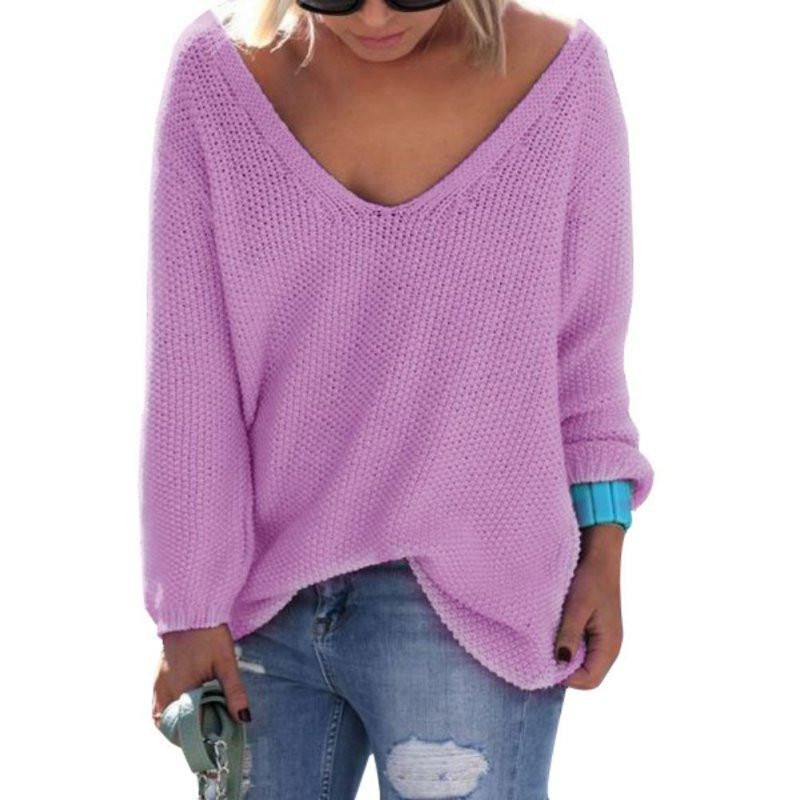 Womens Cute Elegant V Neck Loose Casual Knit Sweater Pullover Long Sleeve Sweater