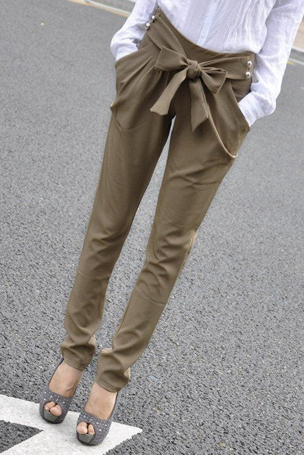 Online discount shop Australia - high waist women's Skinny Long Trousers OL casual Bow harem pants plus size Black, Khaki