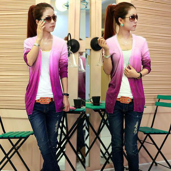 Women Gradient Color Personality Knit Cardigan Sweater Coat Shawl Knitwear Tops&Drop