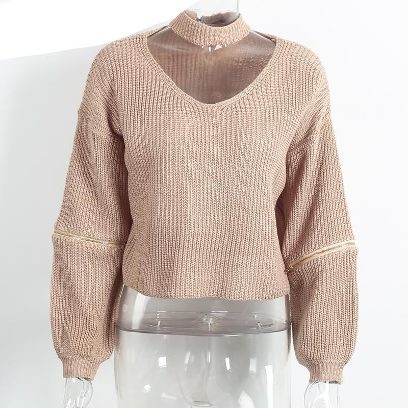halter knitted warm sweater Casual loose open zipper sleeve pull tricot short black pullover jumper
