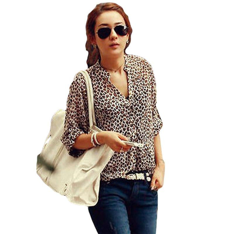 Women's Stand Collar Loose Roll Sleeve Office Chiffon Shirt Blouse Leopard Print Tops