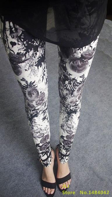 Online discount shop Australia - Ethnic style Retro graffiti paintings Printing flowers trousers printed High elasticity leggings