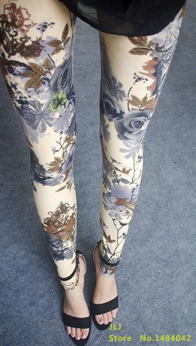 Online discount shop Australia - Ethnic style Retro graffiti paintings Printing flowers trousers printed High elasticity leggings