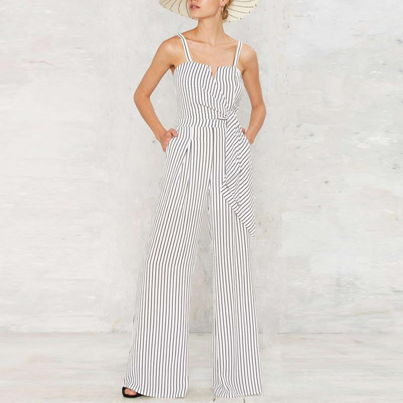 Online discount shop Australia - Fashion Women Off Shoulder Strap Playsuit Stripe Romper Long Wide Leg Jumpsuit