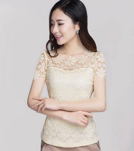 Women Lace Crochet Shirt Tops Short Sleeve O-Neck Lace Blouse Shirts Floral Casual Top